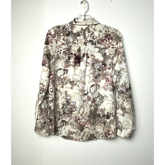 Chicos Beige Satin Print Shirt Size 0 Long Sleeve Button Down Artsy Top Flowers - Picture 3 of 14